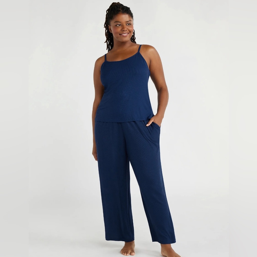 Joyspun Nautical Navy Ribbed Knit Pull On Side Pockets Sleep Pants - Picture 5 of 13